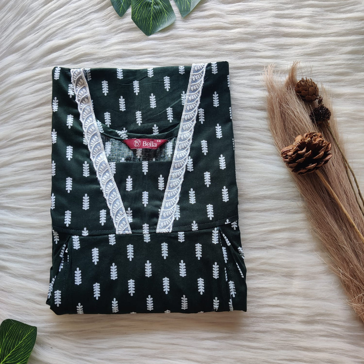 Green Printed Premium Cotton Two Side Vertical Lace Zip Feeding Nighty | Free Size | Chest Width 44″| Length 56″