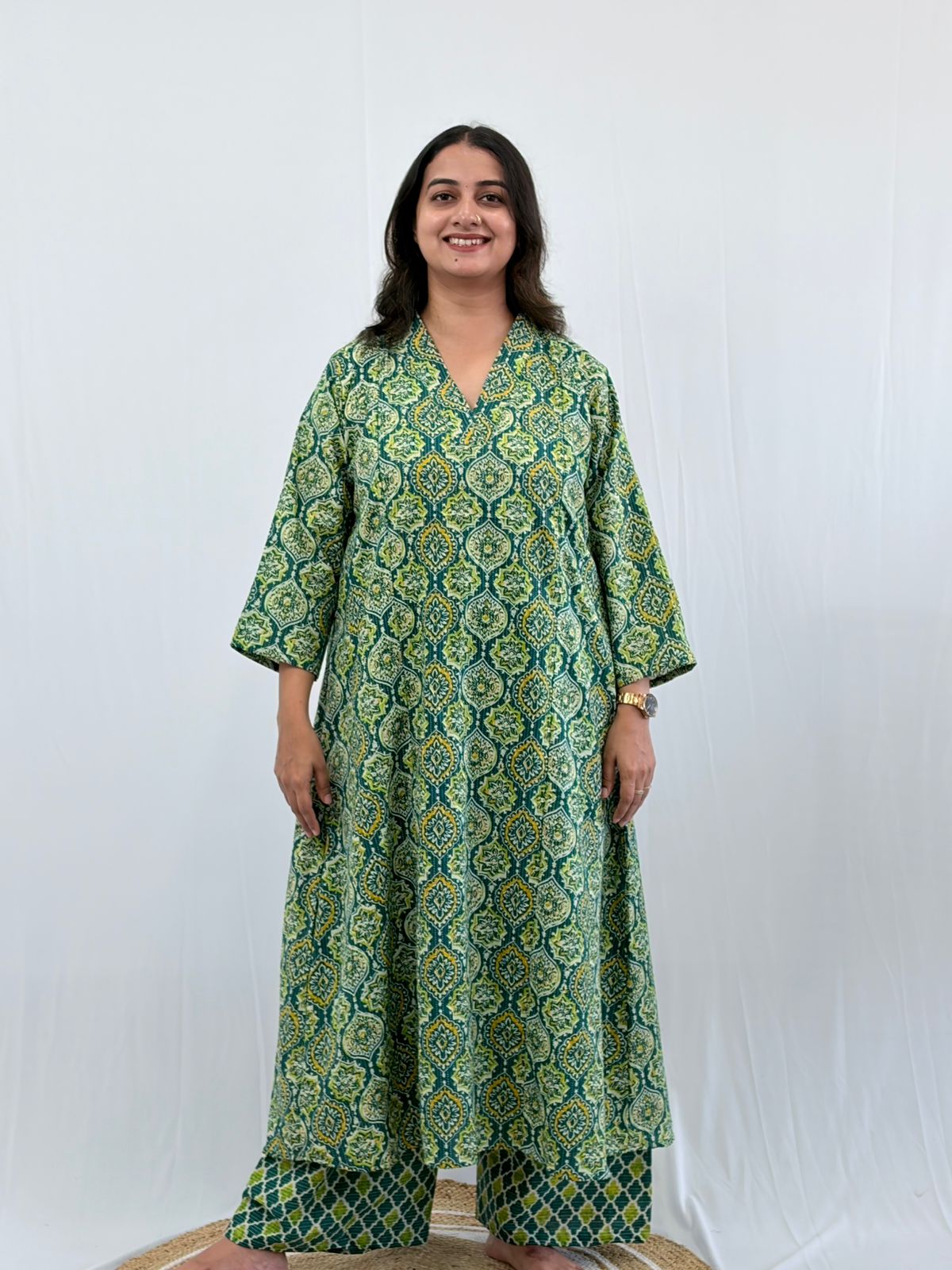 Green Ajrakh Printed Kantha Cotton V - Collar Neck Feeding Kurti Co-ord Set| Palazzo Pant | Free Size