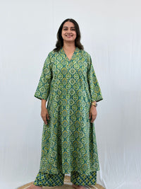 Green Ajrakh Printed Kantha Cotton V - Collar Neck Feeding Kurti Co-ord Set| Palazzo Pant | Free Size