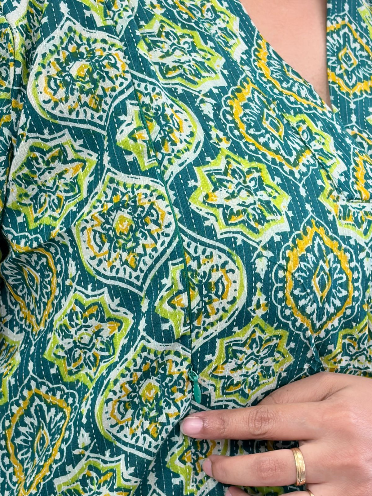 Green Ajrakh Printed Kantha Cotton V - Collar Neck Feeding Kurti Co-ord Set| Palazzo Pant | Free Size