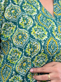Green Ajrakh Printed Kantha Cotton V - Collar Neck Feeding Kurti Co-ord Set| Palazzo Pant | Free Size