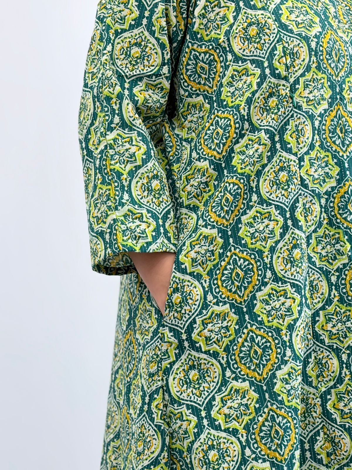Green Ajrakh Printed Kantha Cotton V - Collar Neck Feeding Kurti Co-ord Set| Palazzo Pant | Free Size