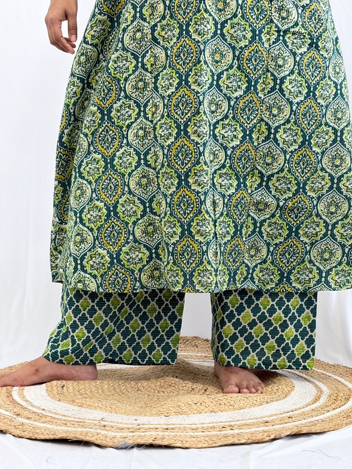 Green Ajrakh Printed Kantha Cotton V - Collar Neck Feeding Kurti Co-ord Set| Palazzo Pant | Free Size