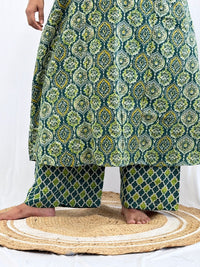 Green Ajrakh Printed Kantha Cotton V - Collar Neck Feeding Kurti Co-ord Set| Palazzo Pant | Free Size