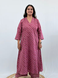 Mauve Floral Printed Kantha Cotton V - Collar Neck Feeding Kurti Co-ord Set| Palazzo Pant | Free Size