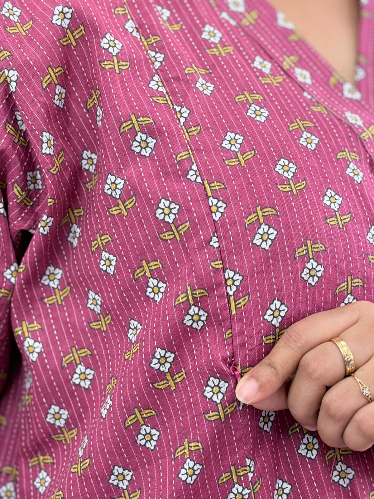 Mauve Floral Printed Kantha Cotton V - Collar Neck Feeding Kurti Co-ord Set| Palazzo Pant | Free Size