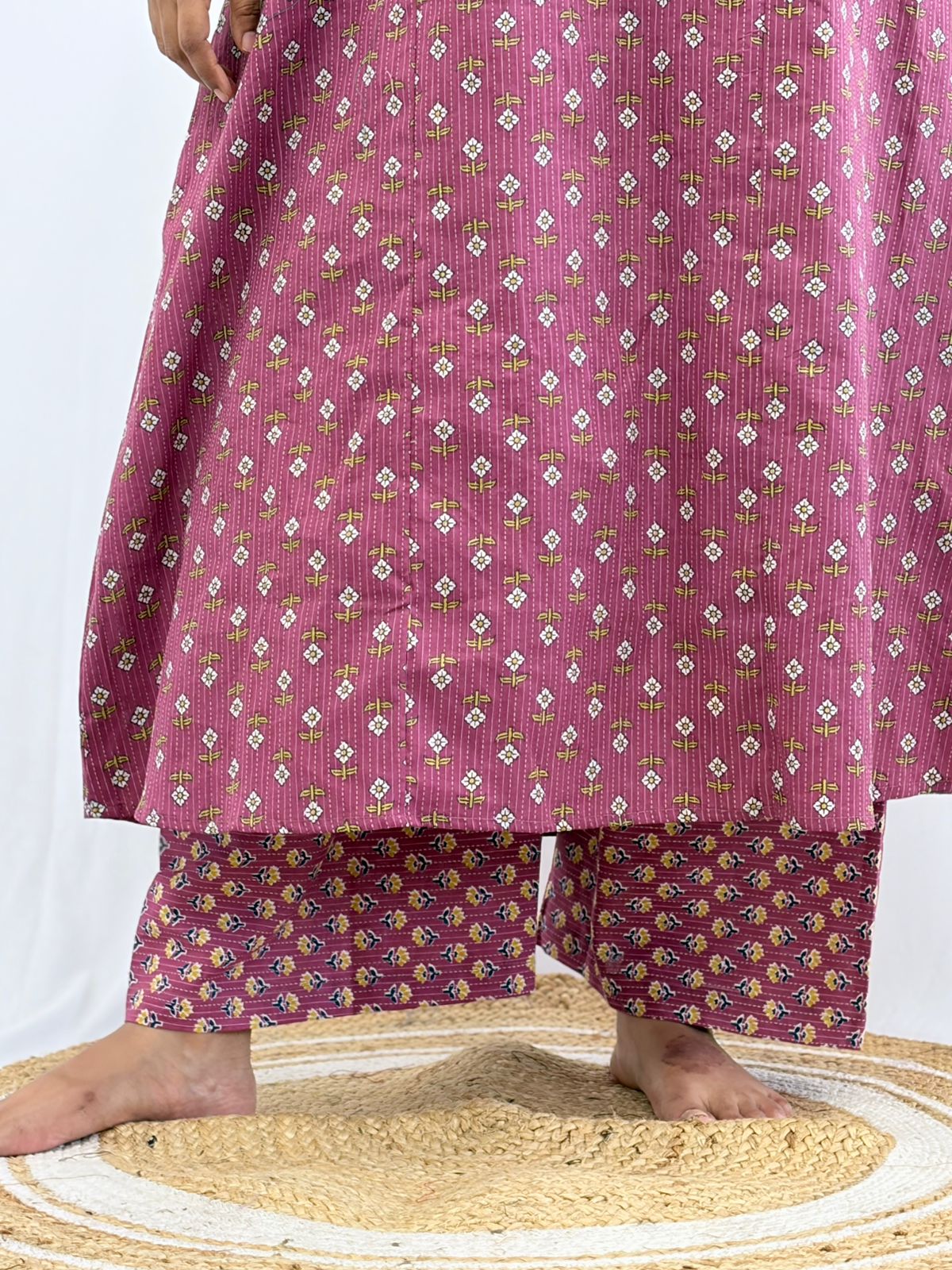 Mauve Floral Printed Kantha Cotton V - Collar Neck Feeding Kurti Co-ord Set| Palazzo Pant | Free Size