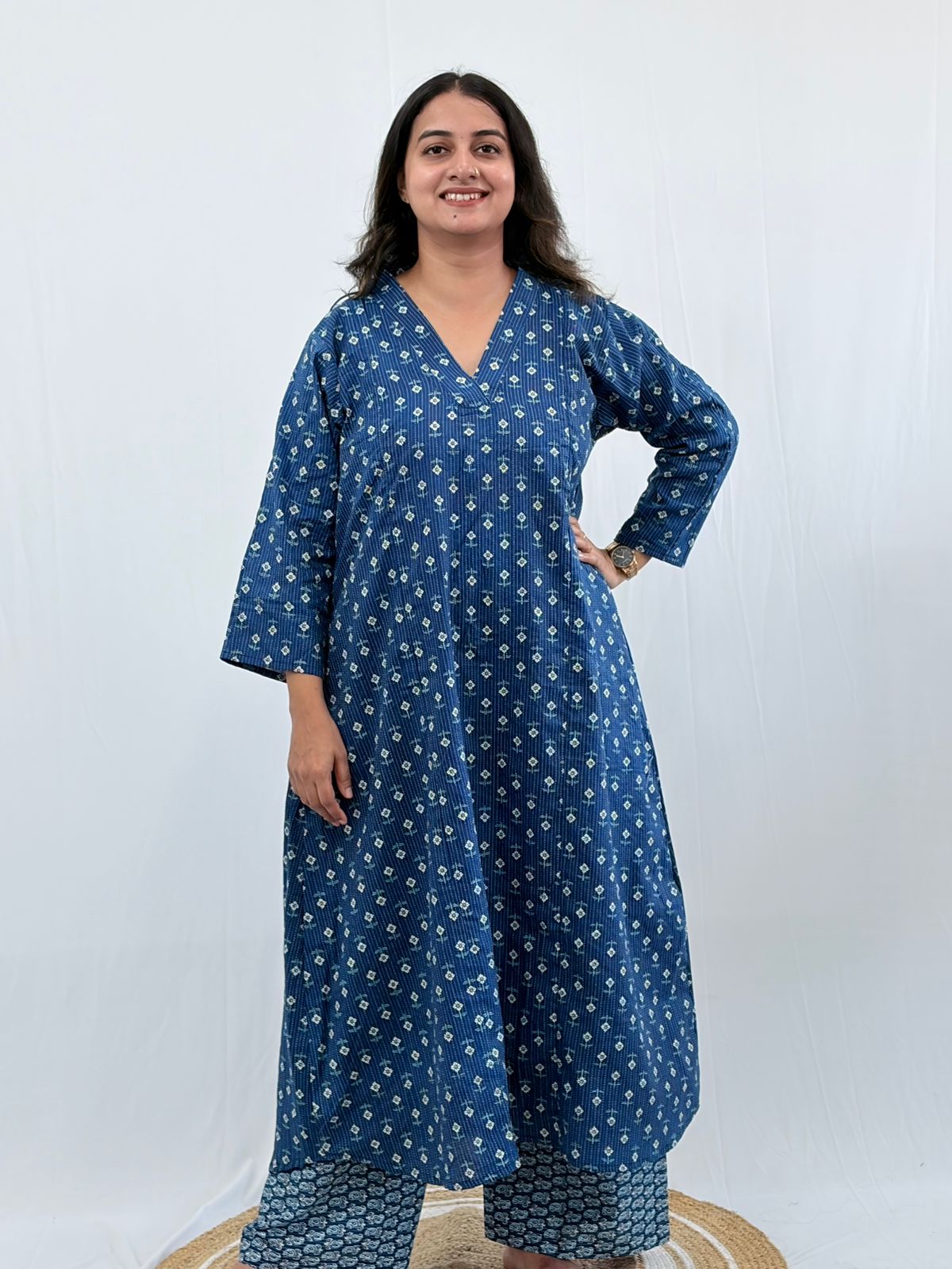 Blue Floral Printed Kantha Cotton V - Collar Neck Feeding Kurti Co-ord Set| Palazzo Pant | Free Size