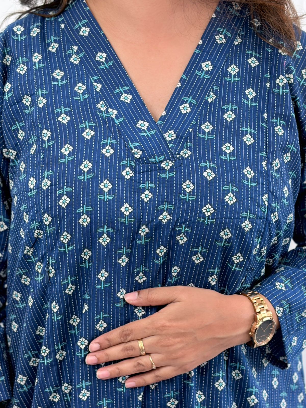 Blue Floral Printed Kantha Cotton V - Collar Neck Feeding Kurti Co-ord Set| Palazzo Pant | Free Size
