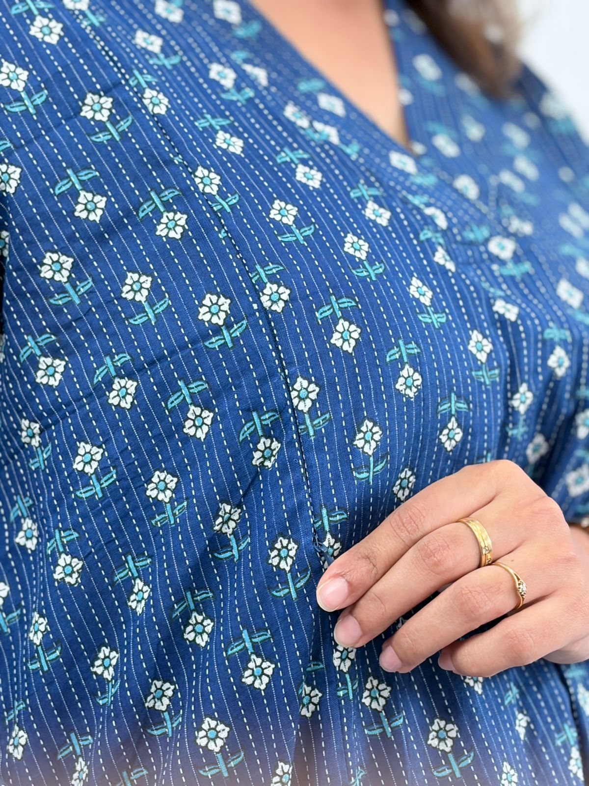 Blue Floral Printed Kantha Cotton V - Collar Neck Feeding Kurti Co-ord Set| Palazzo Pant | Free Size