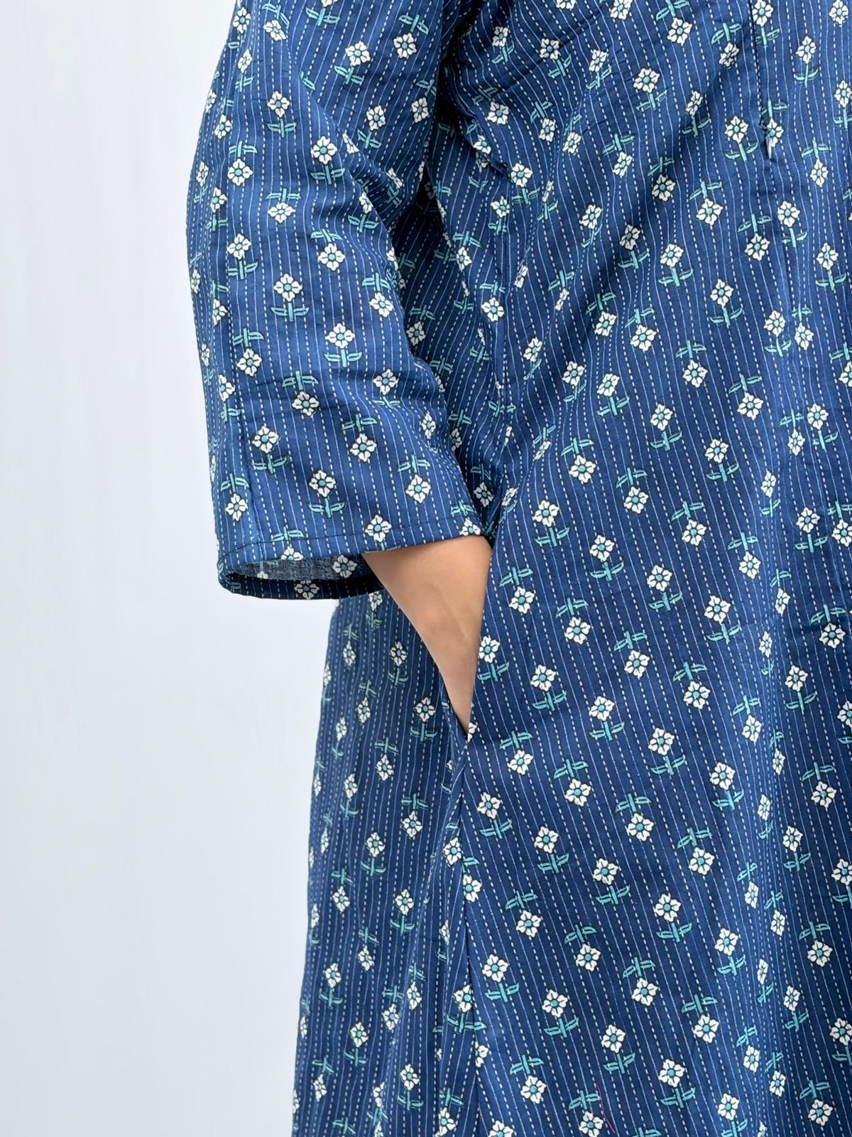 Blue Floral Printed Kantha Cotton V - Collar Neck Feeding Kurti Co-ord Set| Palazzo Pant | Free Size
