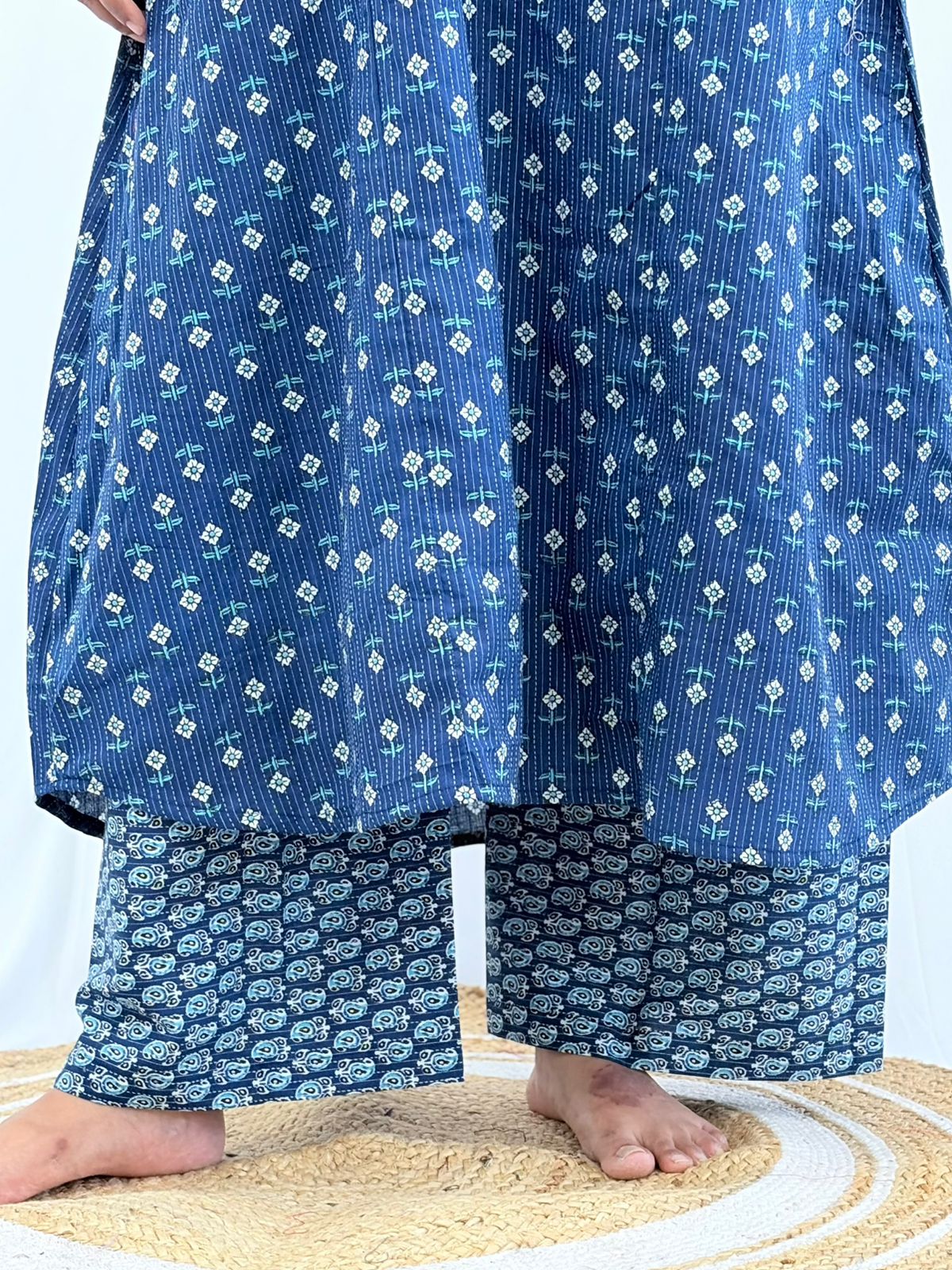 Blue Floral Printed Kantha Cotton V - Collar Neck Feeding Kurti Co-ord Set| Palazzo Pant | Free Size