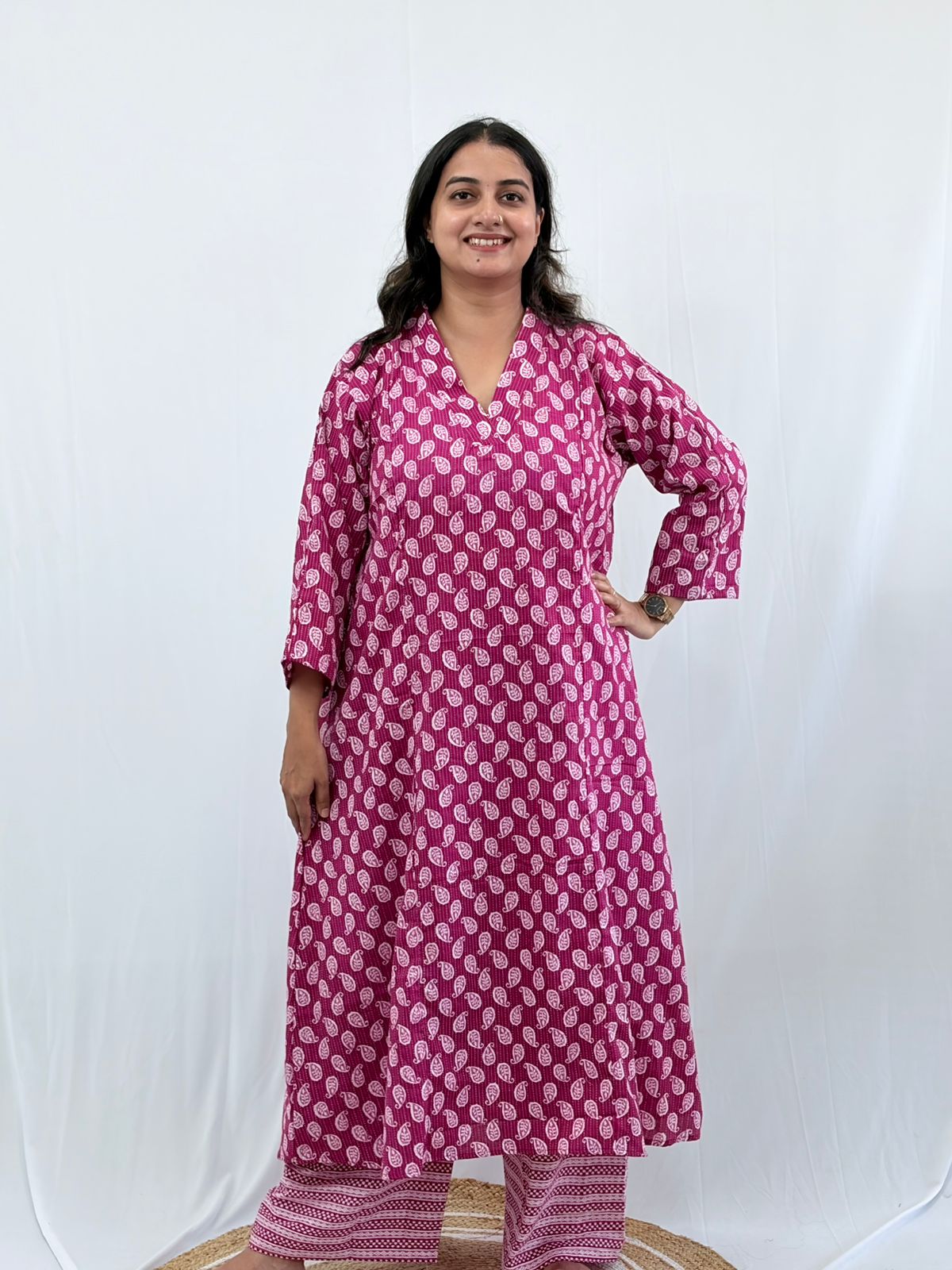 Purple Printed Kantha Cotton V - Collar Neck Feeding Kurti Co-ord Set| Palazzo Pant | Free Size