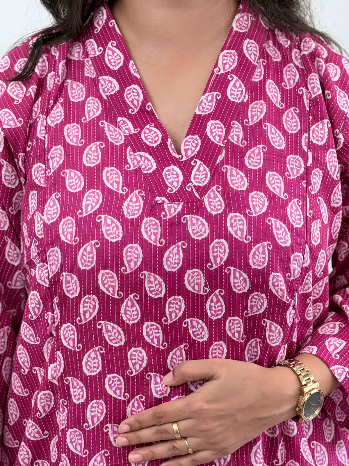 Purple Printed Kantha Cotton V - Collar Neck Feeding Kurti Co-ord Set| Palazzo Pant | Free Size