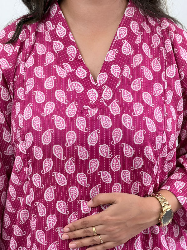 Purple Printed Kantha Cotton V - Collar Neck Feeding Kurti Co-ord Set| Palazzo Pant | Free Size