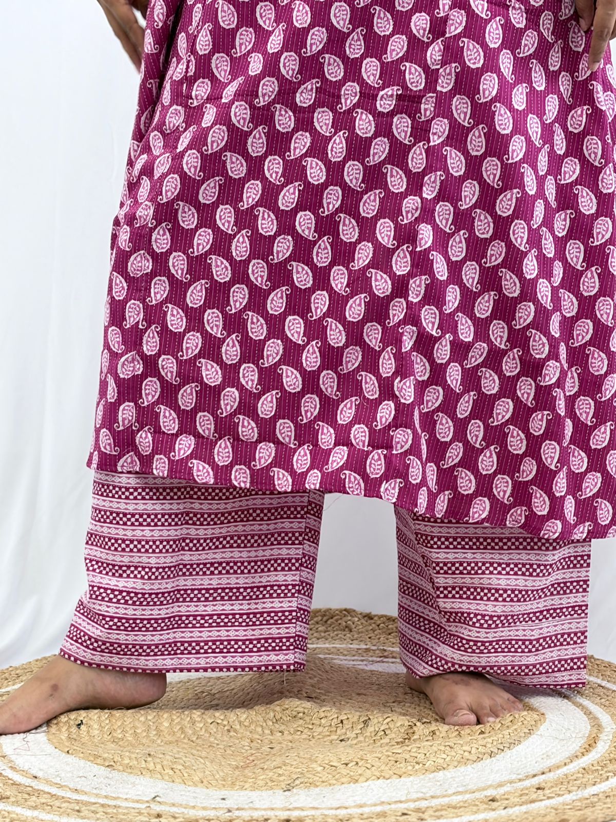 Purple Printed Kantha Cotton V - Collar Neck Feeding Kurti Co-ord Set| Palazzo Pant | Free Size