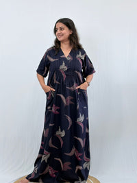 Navy-Blue Printed V-Neck Alfine Churidar Cut Nighty | Free Size | Chest Width 44″| Length 56″