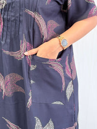 Navy-Blue Printed V-Neck Alfine Churidar Cut Nighty | Free Size | Chest Width 44″| Length 56″