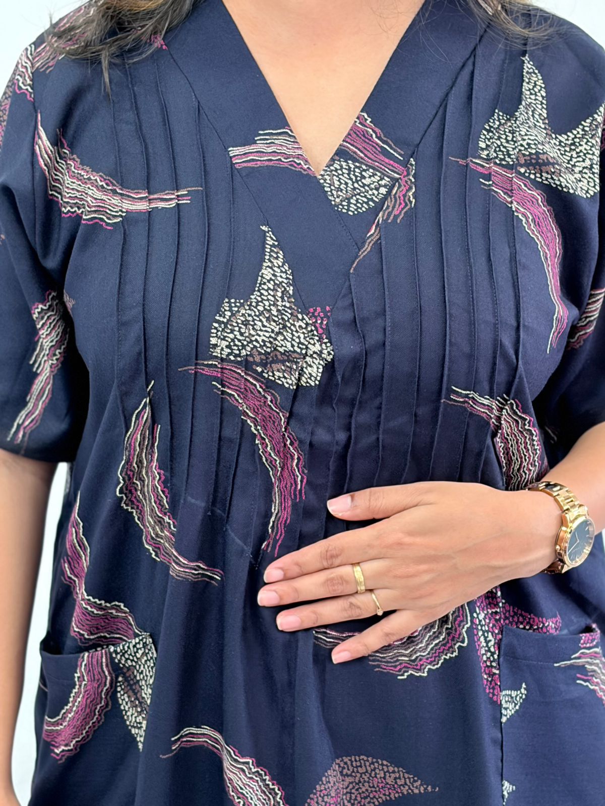 Navy-Blue Printed V-Neck Alfine Churidar Cut Nighty | Free Size | Chest Width 44″| Length 56″