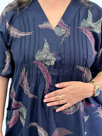 Navy-Blue Printed V-Neck Alfine Churidar Cut Nighty | Free Size | Chest Width 44″| Length 56″