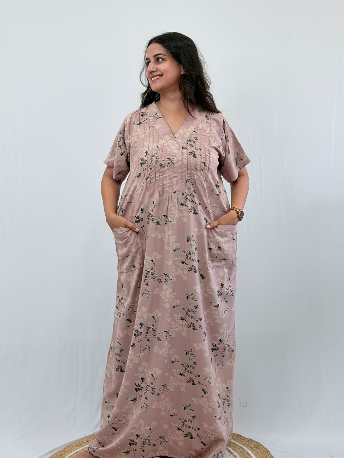 Pastel Pink Printed V-Neck Alfine Churidar Cut Nighty | Free Size | Chest Width 44″| Length 56″