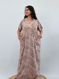 Pastel Pink Printed V-Neck Alfine Churidar Cut Nighty | Free Size | Chest Width 44″| Length 56″