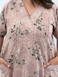 Pastel Pink Printed V-Neck Alfine Churidar Cut Nighty | Free Size | Chest Width 44″| Length 56″