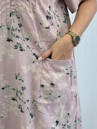 Pastel Pink Printed V-Neck Alfine Churidar Cut Nighty | Free Size | Chest Width 44″| Length 56″