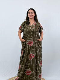 Olive Green Printed V-Neck Alfine Churidar Cut Nighty | Free Size | Chest Width 44″| Length 56″