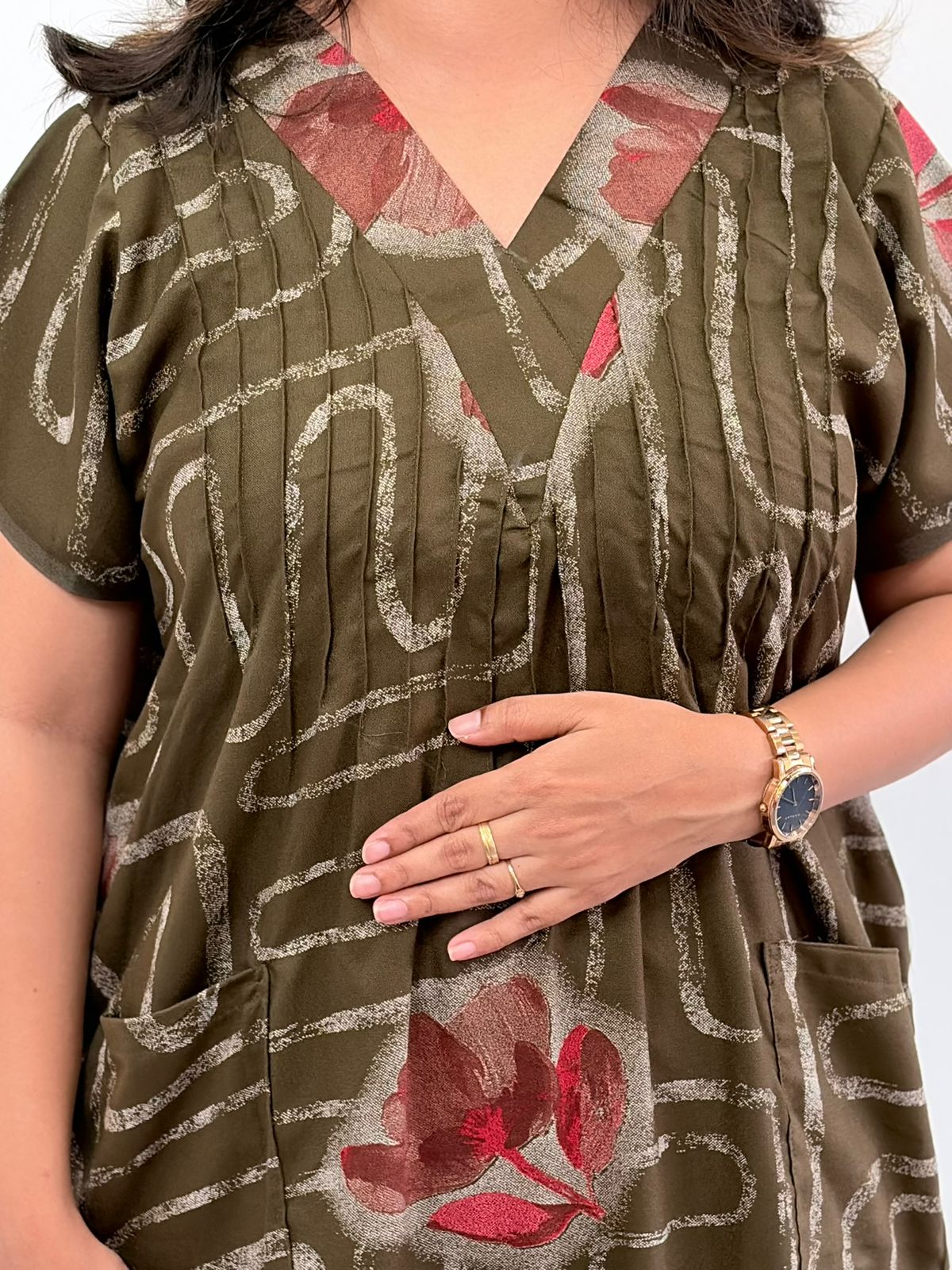 Olive Green Printed V-Neck Alfine Churidar Cut Nighty | Free Size | Chest Width 44″| Length 56″