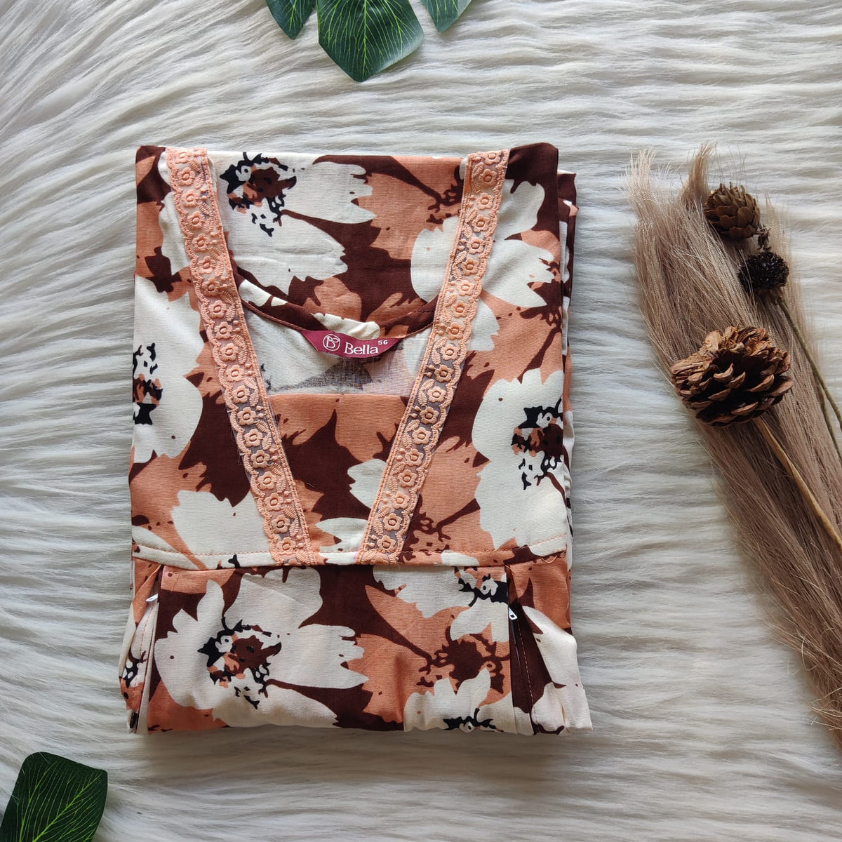 Brown And White Floral Printed Premium Cotton Two Side Vertical Lace Zip Feeding Nighty | Free Size | Chest Width 44″| Length 56″