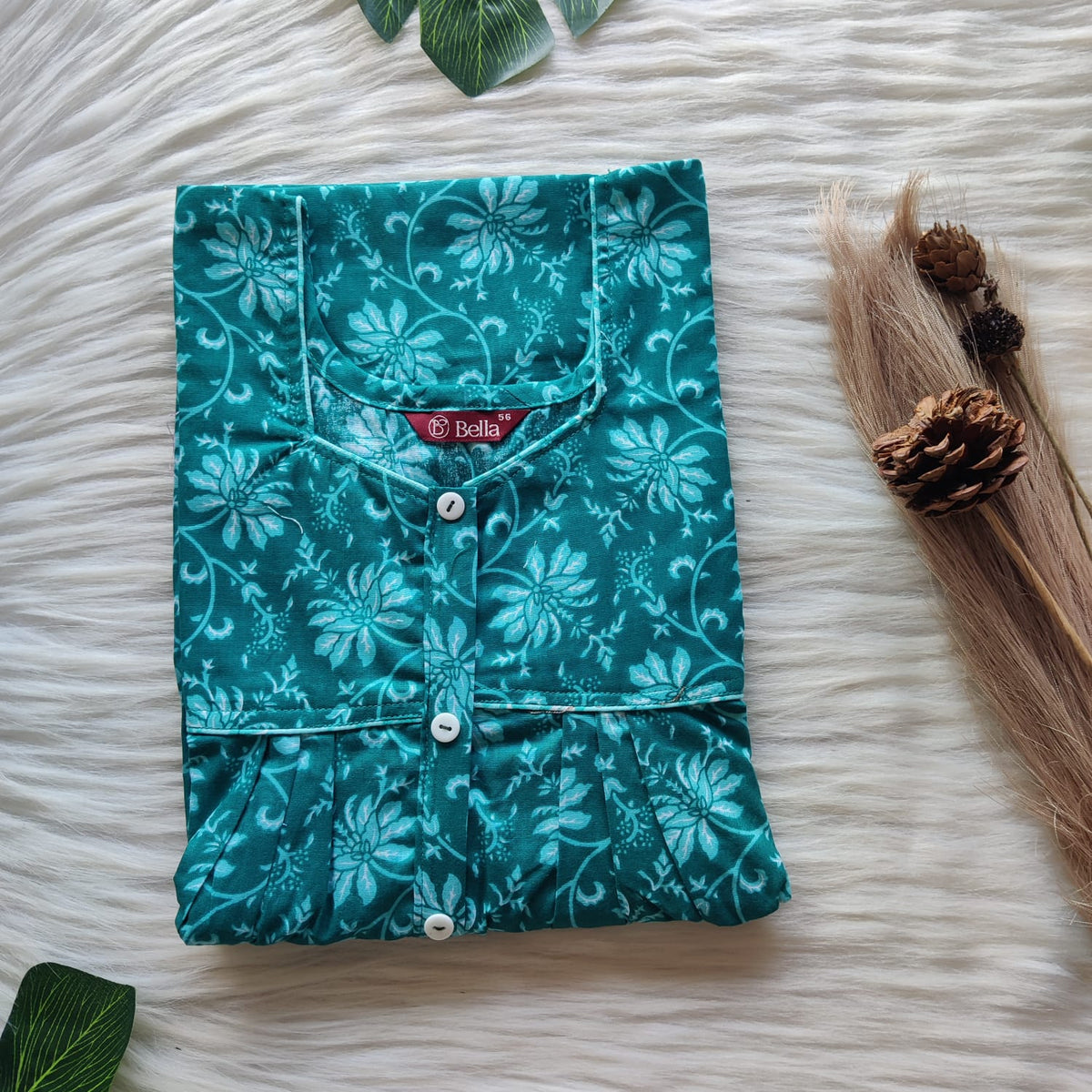 Green Floral Printed Premium Cotton Button Zip Nighty | Free Size | Chest Width 44″| Length 55″-56″