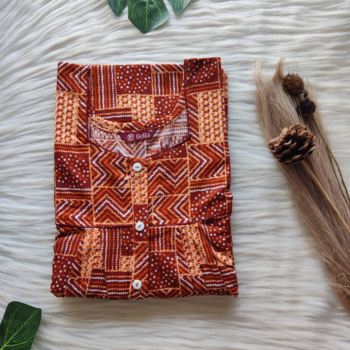 Brown Printed Premium Cotton Button Zip Nighty | Free Size | Chest Width 44″| Length 55″-56″