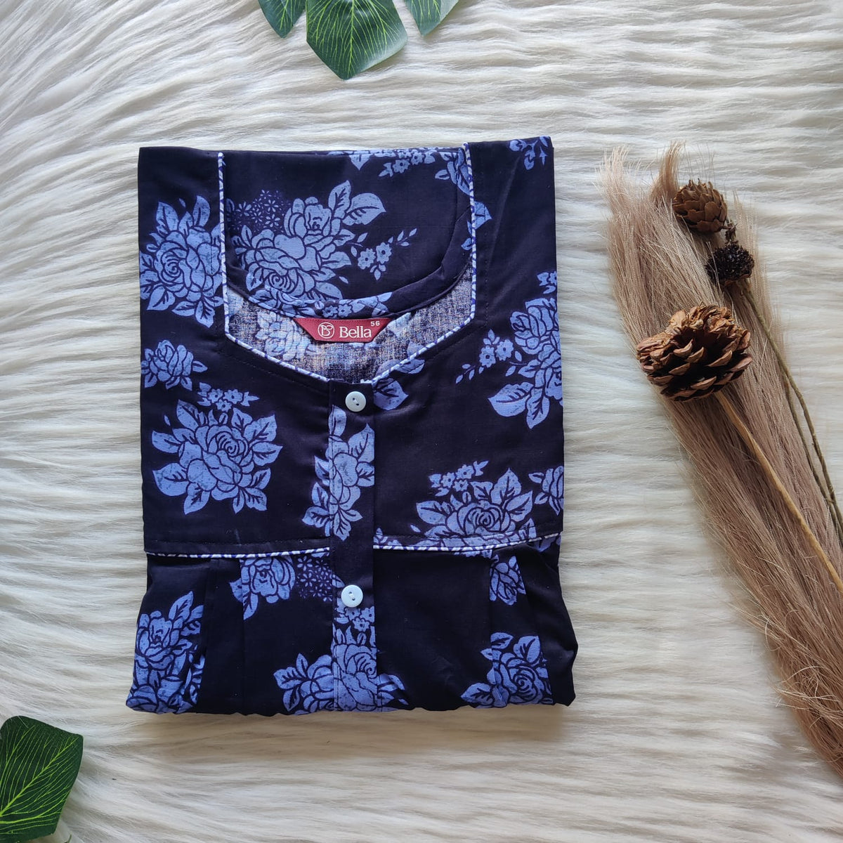 Blue Floral Printed Premium Cotton Button Zip Nighty | Free Size | Chest Width 44″| Length 55″-56″