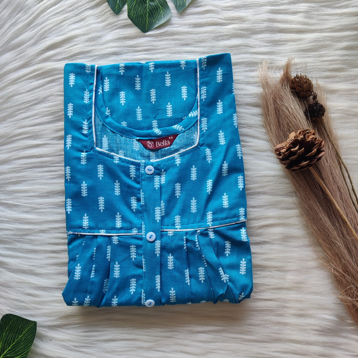 Blue Printed Premium Cotton Button Zip Nighty | Free Size | Chest Width 44″| Length 55″-56″
