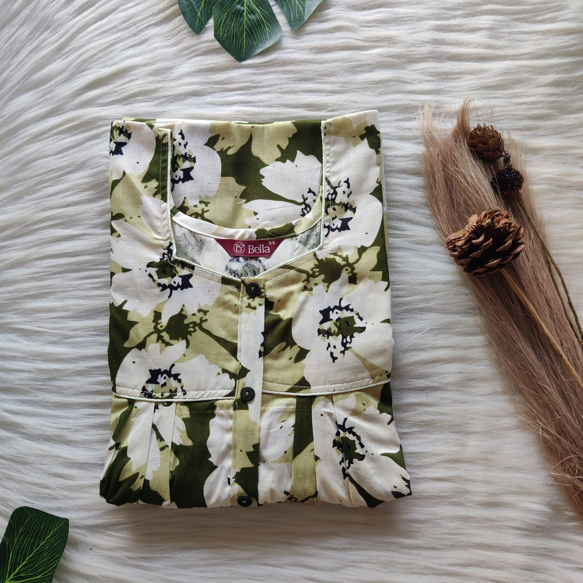 Pale Green Printed Premium Cotton Button Zip Nighty | Free Size | Chest Width 44″| Length 55″-56″