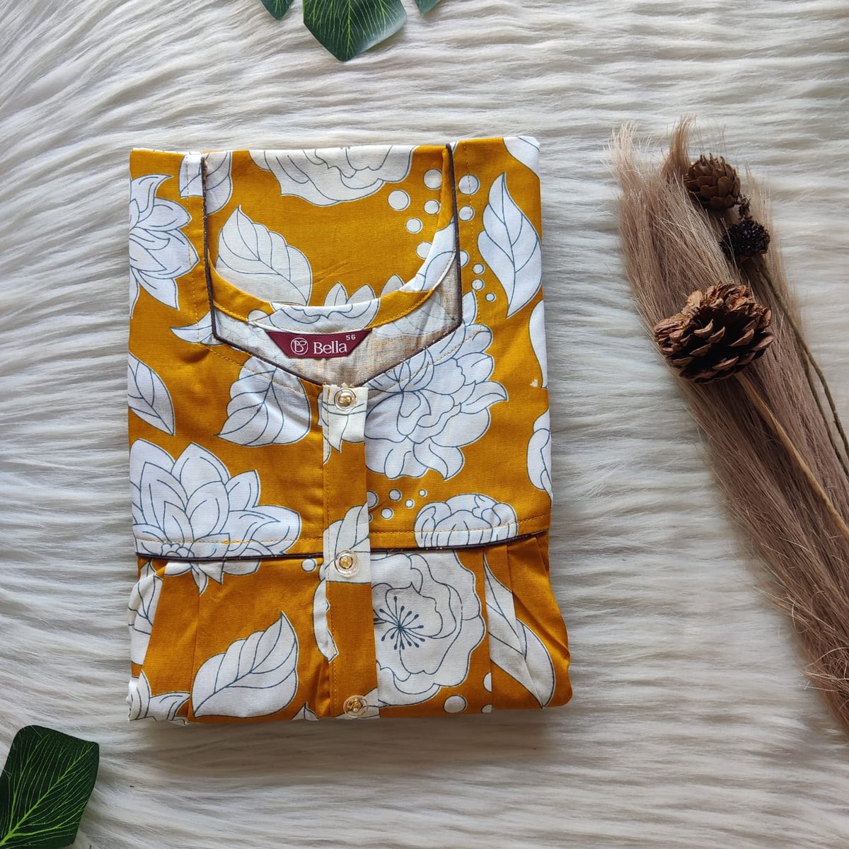 White Floral Printed Mustard Yellow Premium Cotton Button Zip Nighty | Free Size | Chest Width 44″| Length 55″-56″