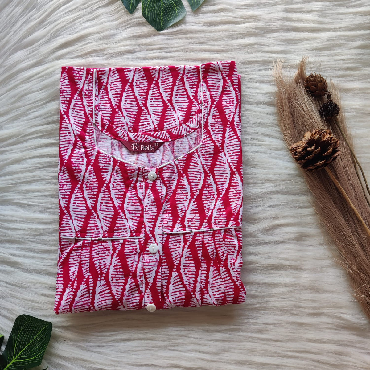 Pink Printed Premium Cotton Button Zip Nighty | Free Size | Chest Width 44″| Length 55″-56″