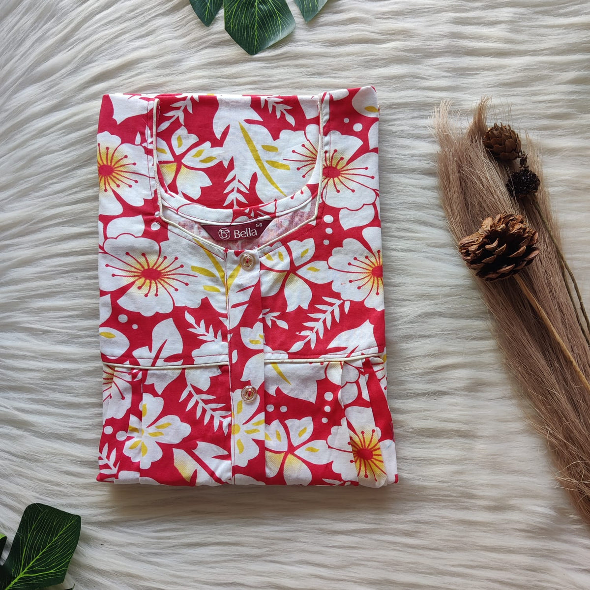 Red Floral Printed Premium Cotton Button Zip Nighty | Free Size | Chest Width 44″| Length 55″-56″