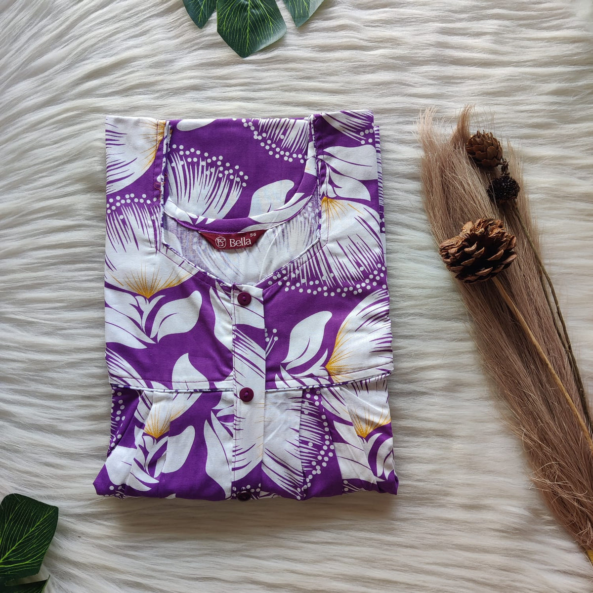 Violet Floral Printed Premium Cotton Button Zip Nighty | Free Size | Chest Width 44″| Length 55″-56″
