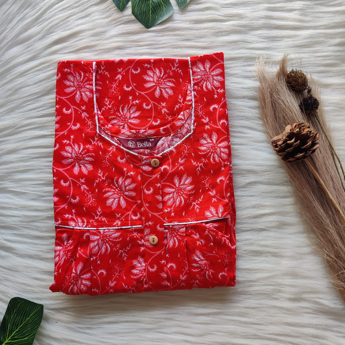 Red Printed Premium Cotton Button Zip Nighty | Free Size | Chest Width 44″| Length 55″-56″