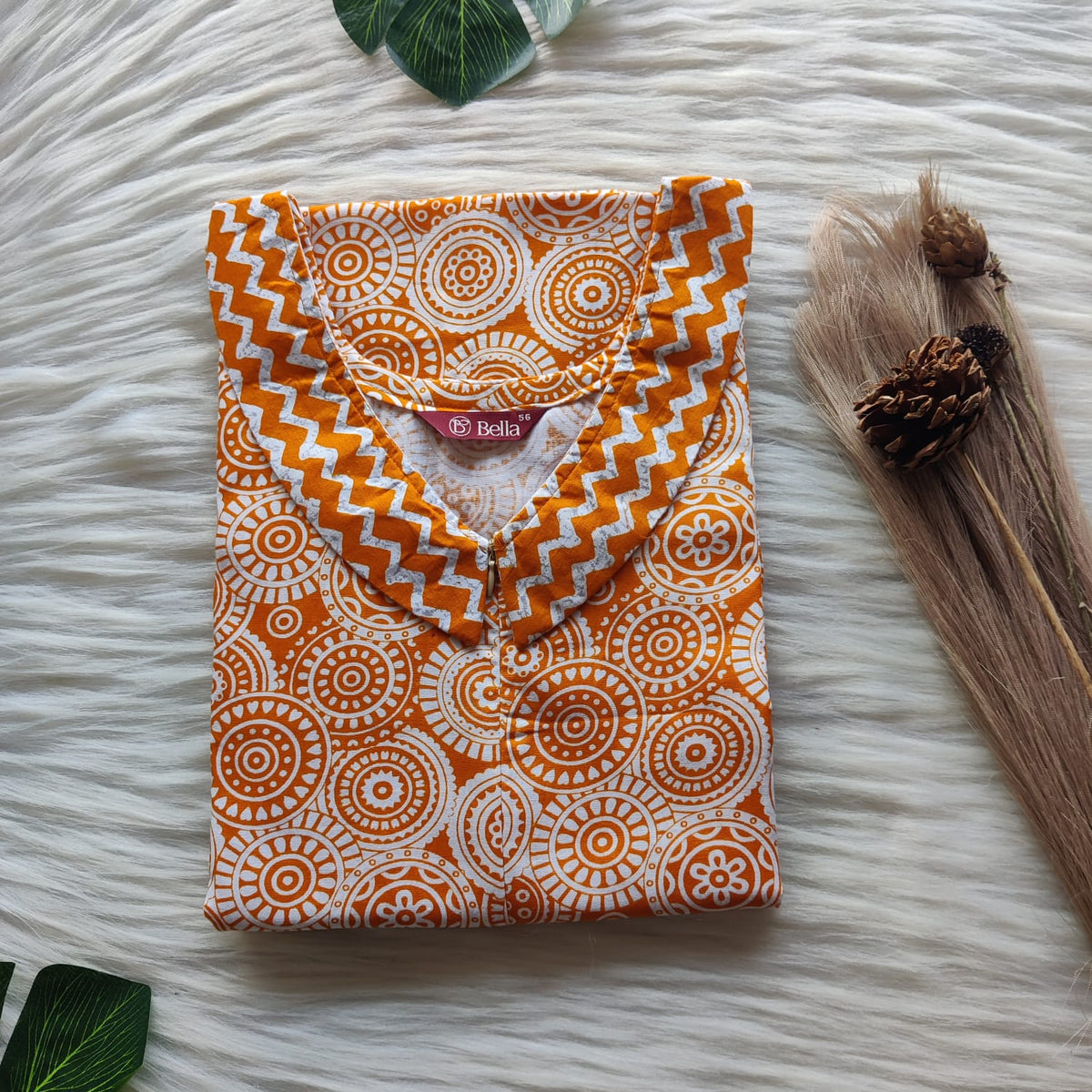 Orange And White Printed Premium Cotton Peter Pan Collar Long Zip Feeding Nighty | Free Size | Chest Width 44″| Length 56″