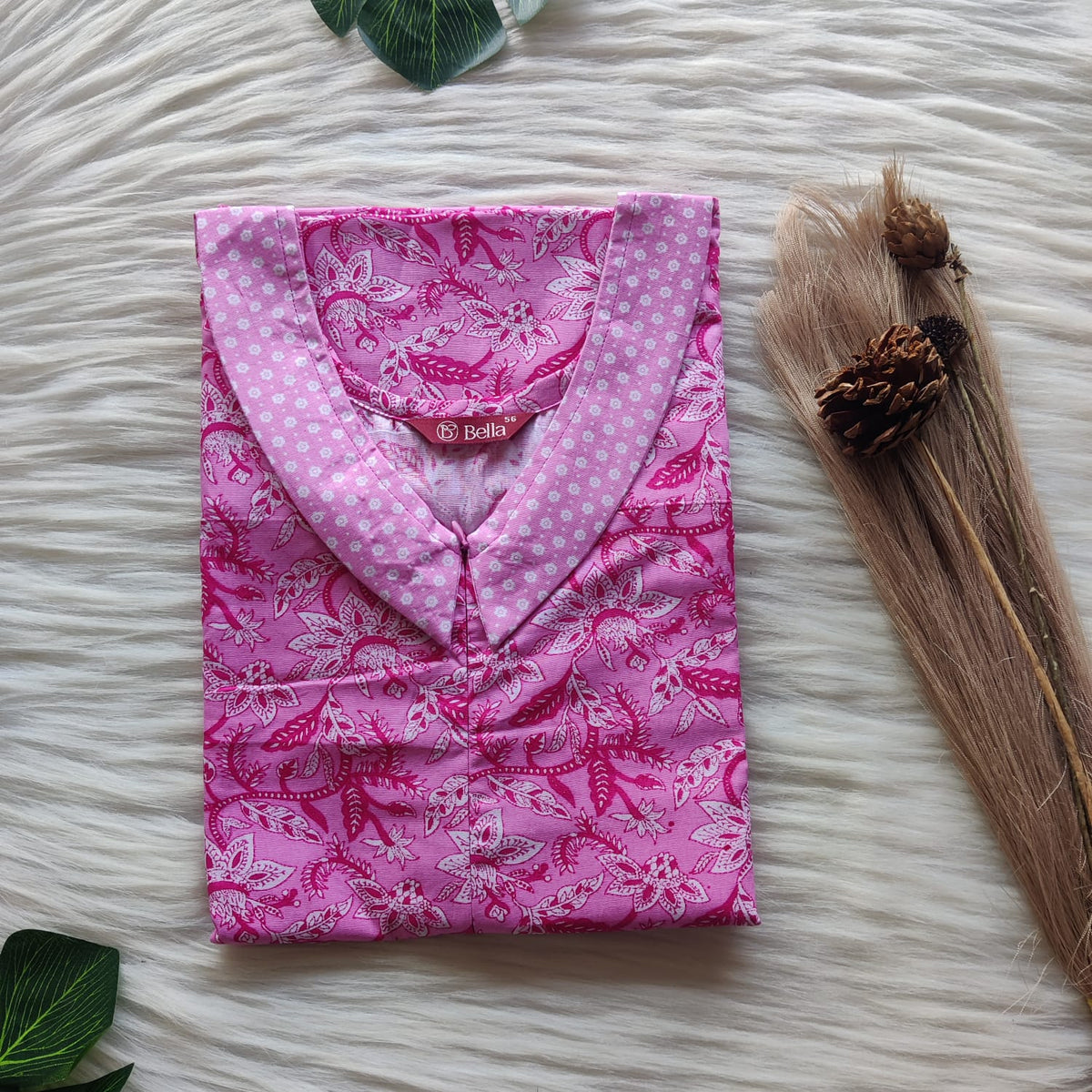 White And Pink Leaf Printed Premium Cotton Peter Pan Collar Long Zip Feeding Nighty | Free Size | Chest Width 44″| Length 56″