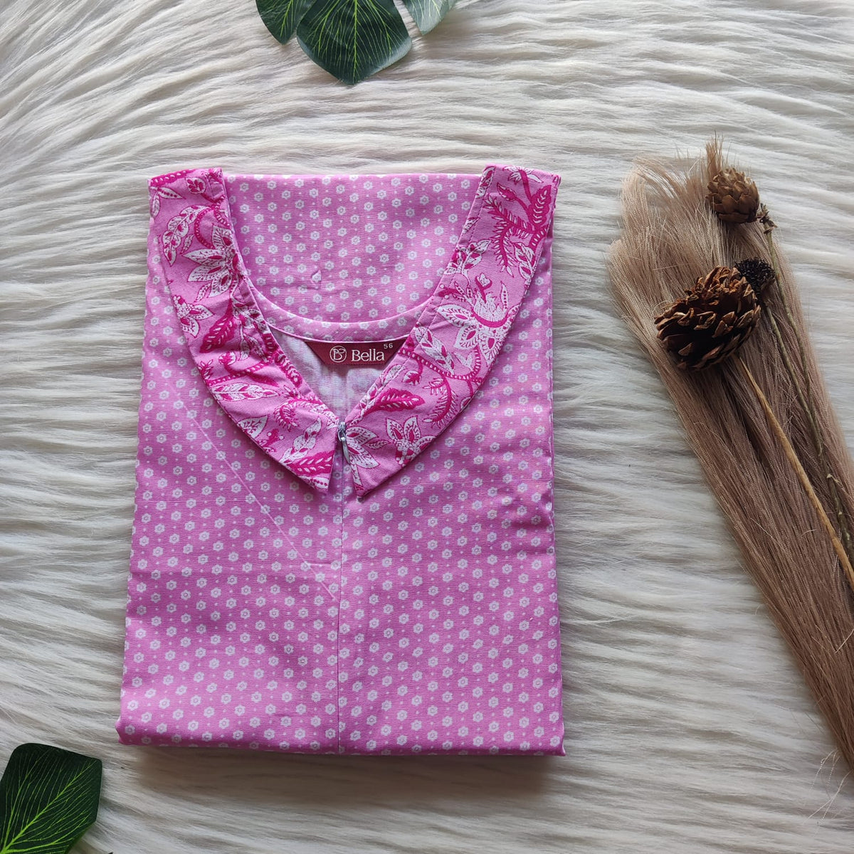 Pink And White Floral Printed Premium Cotton Peter Pan Collar Long Zip Feeding Nighty | Free Size | Chest Width 44″| Length 56″