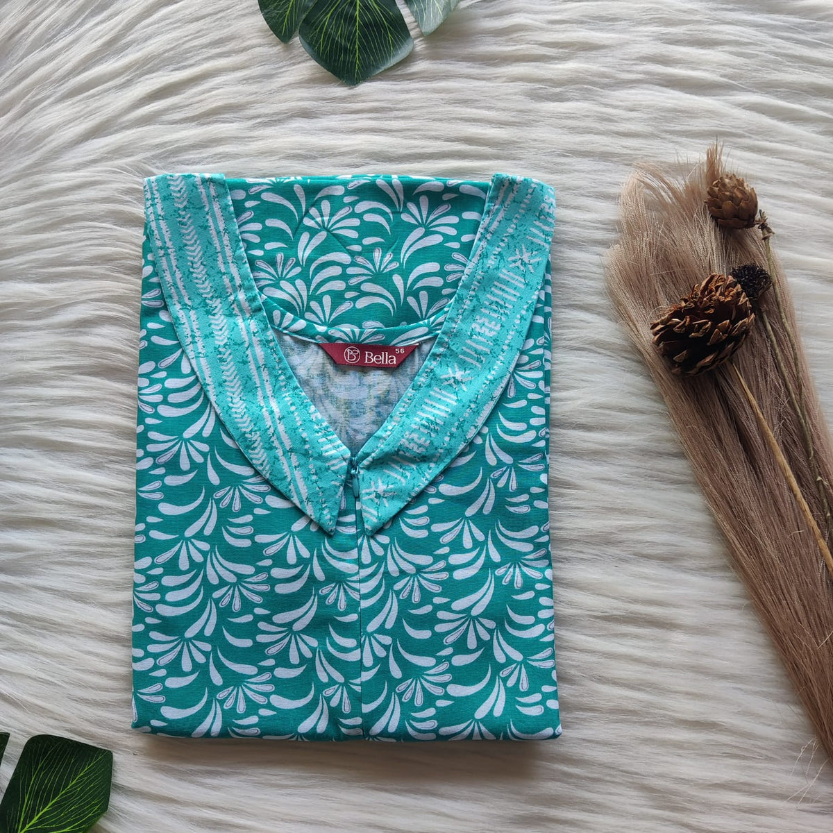 Blue And White Leaf Printed Premium Cotton Peter Pan Collar Long Zip Feeding Nighty | Free Size | Chest Width 44″| Length 56″