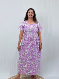 Lavender Floral Printed Kantha Cotton Buttonless Zipless Short Maternity Nighty | Free Size |
