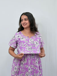 Lavender Floral Printed Kantha Cotton Buttonless Zipless Short Maternity Nighty | Free Size |