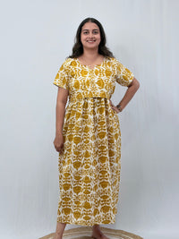 Yellow Floral Printed Kantha Cotton Buttonless Zipless Short Maternity Nighty | Free Size |