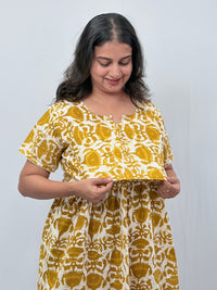 Yellow Floral Printed Kantha Cotton Buttonless Zipless Short Maternity Nighty | Free Size |