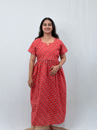Peach Floral Printed Kantha Cotton Buttonless Zipless Short Maternity Nighty | Free Size |